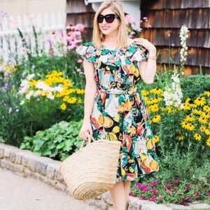 J Crew off the shoulder ruffle hem dress in postcard print fruit Debra messing
